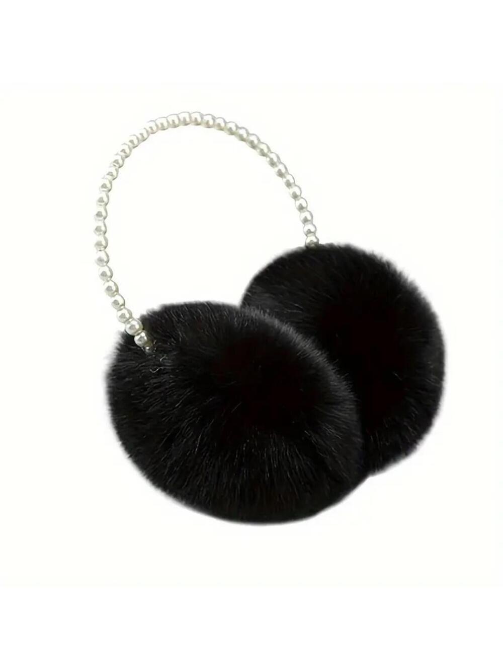 Black & Pearl Headband Earmuffs Girly Fluffy Fashion Winter Warm Comfy